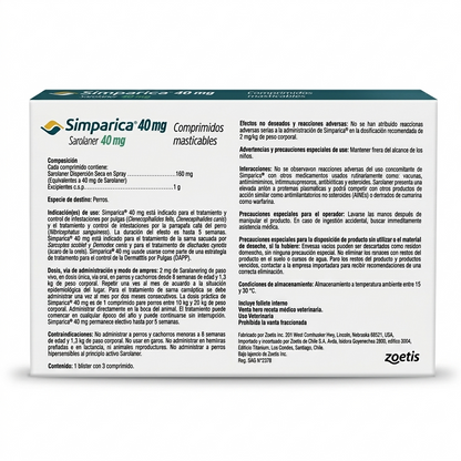 Contraetiqueta trasera de Simparica para perros de 10 a 20 kg, caja de 3 comprimidos masticables con indicaciones para tratamiento trimestral.