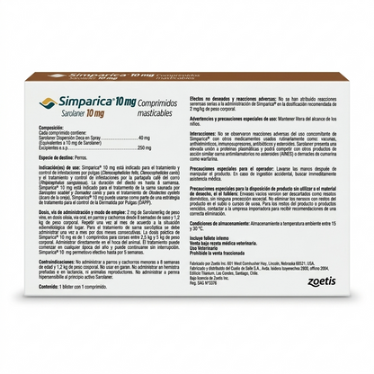Contraetiqueta posterior de Simparica para perros miniatura de 2,5 a 5 kg, dosis de 1 comprimido masticable para la eliminación de parásitos externos.
