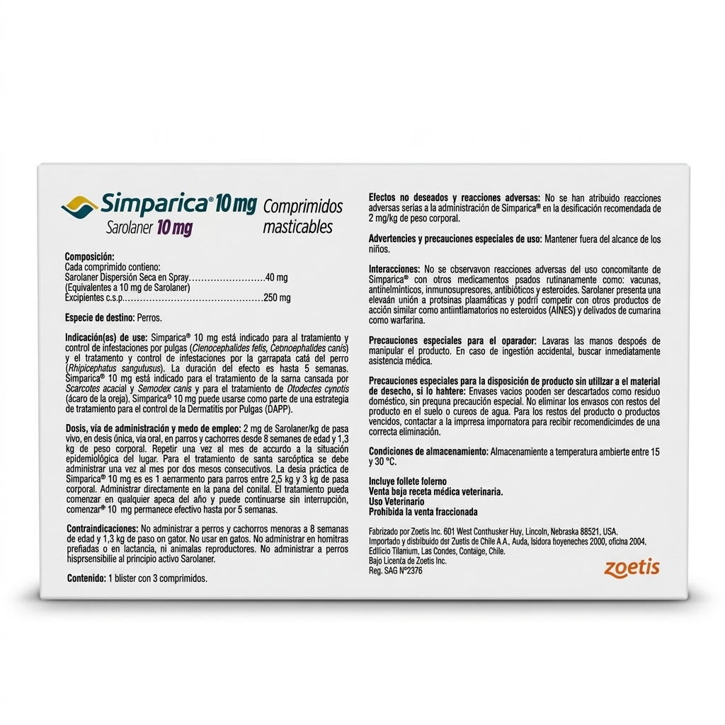 Reverso de la caja de Simparica para perros de 2,5 a 5 kg, presentación de 3 comprimidos masticables palatables con tabla de dosificación e indicaciones para el control de parásitos externos.