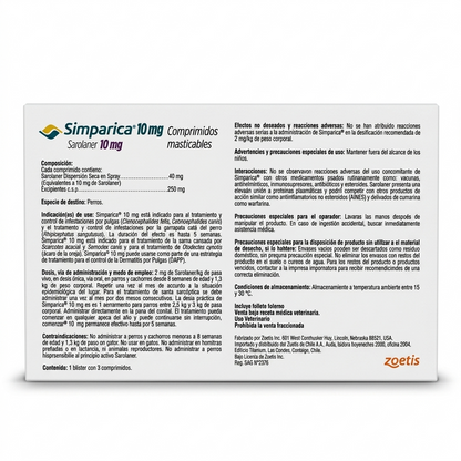 Reverso de la caja de Simparica para perros de 2,5 a 5 kg, presentación de 3 comprimidos masticables palatables con tabla de dosificación e indicaciones para el control de parásitos externos.