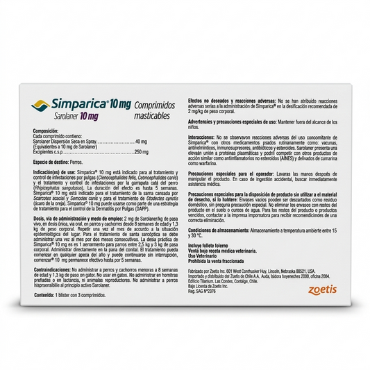 Reverso de la caja de Simparica para perros de 2,5 a 5 kg, presentación de 3 comprimidos masticables palatables con tabla de dosificación e indicaciones para el control de parásitos externos.