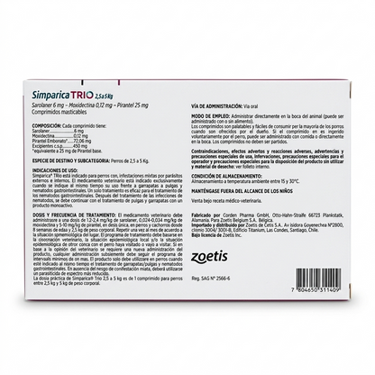 Parte posterior del empaque de Simparica Trio para perros pequeños de 2,5 a 5 kg, 1 comprimido masticable con advertencias e indicaciones de uso.