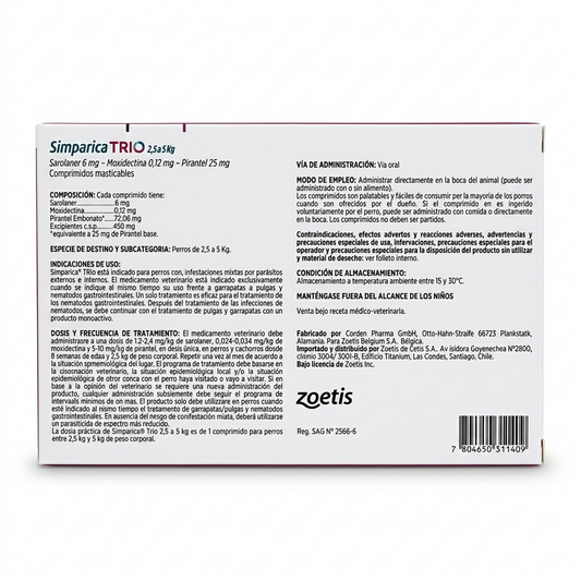 Parte posterior del empaque de Simparica Trio para perros pequeños de 2,5 a 5 kg, 1 comprimido masticable con advertencias e indicaciones de uso.
