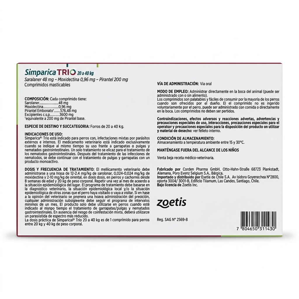 Reverso del empaque de Simparica Trio para perros de 20 a 40 kg, presentación de 1 comprimido masticable con información de dosificación de Zoetis.
