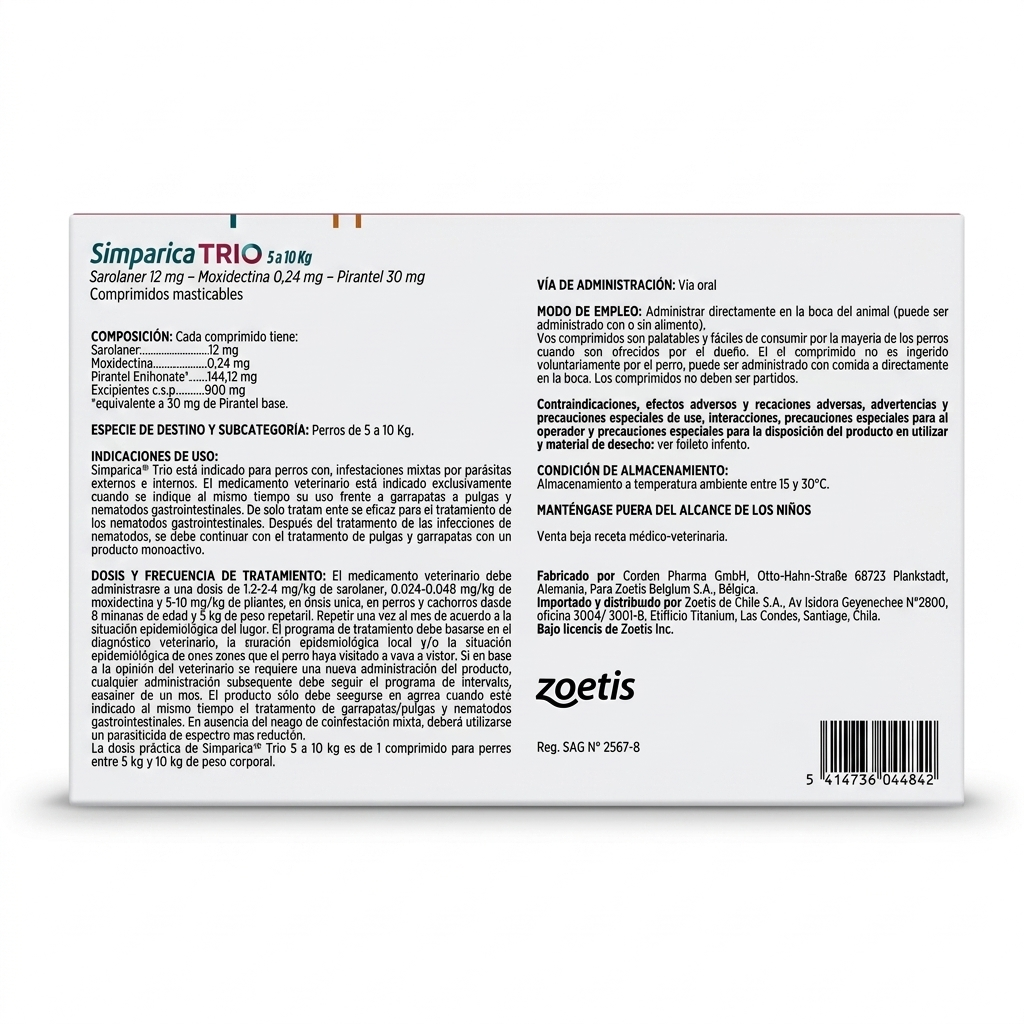 Vista trasera de la caja de Simparica Trio para perros de 5 a 10 kg en formato individual de 1 comprimido masticable antiparasitario.