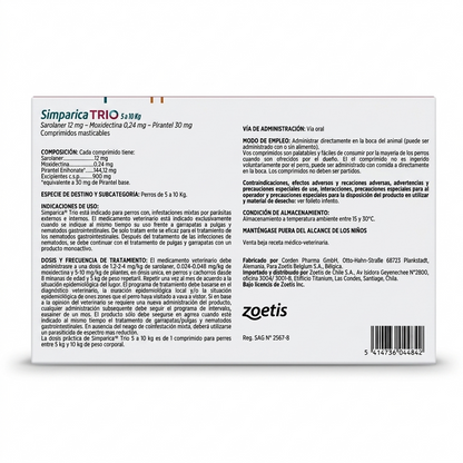 Vista trasera de la caja de Simparica Trio para perros de 5 a 10 kg en formato individual de 1 comprimido masticable antiparasitario.
