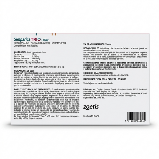 Vista trasera de la caja de Simparica Trio para perros de 5 a 10 kg en formato individual de 1 comprimido masticable antiparasitario.