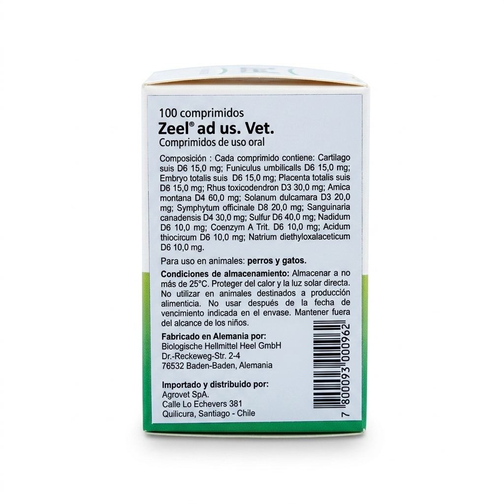 Vista posterior de la caja de Zeel de 100 comprimidos, detallando componentes activos e instrucciones de administración homeopática veterinaria.