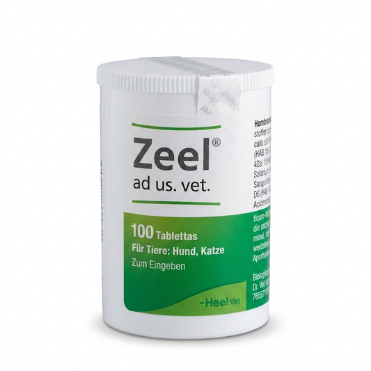 Frasco cilíndrico de Zeel de 100 comprimidos de Heel, soporte natural para articulaciones y problemas musculoesqueléticos en mascotas.